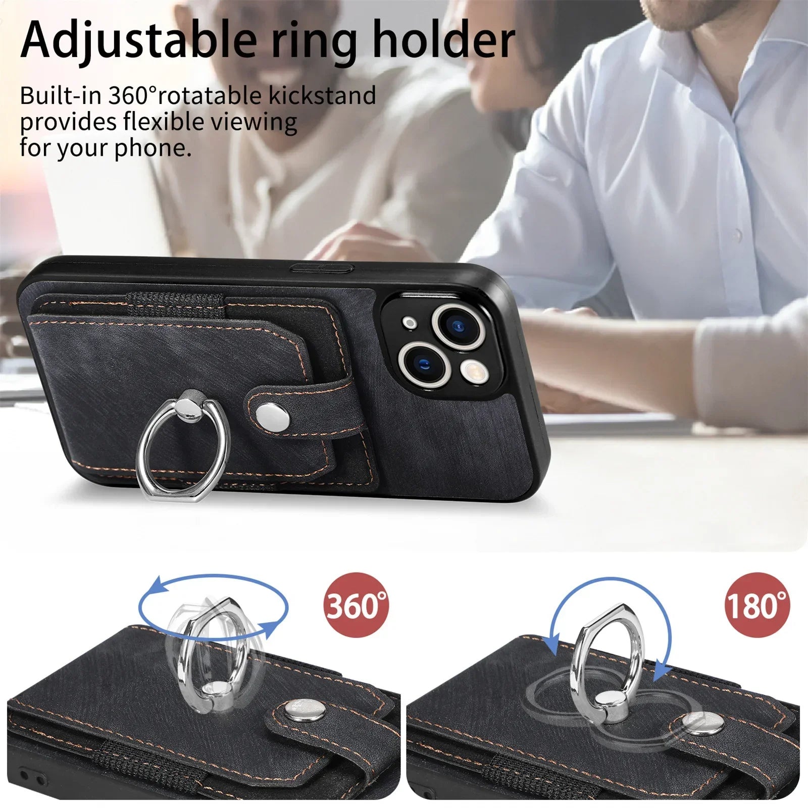 Hochwertige Karten-Slot-Brieftasche, Portmonee mit Leder-Ringhalterung iPhone-Hülle | MagSafe Case mit Kameralinsenschutzabdeckung für Apple iPhone 17/17 Air, 16/16e, 15, 14, 13 Pro Max Plus Cover | Panzertasche Handyhülle | Wallet & Geldbörse Schutzhülle