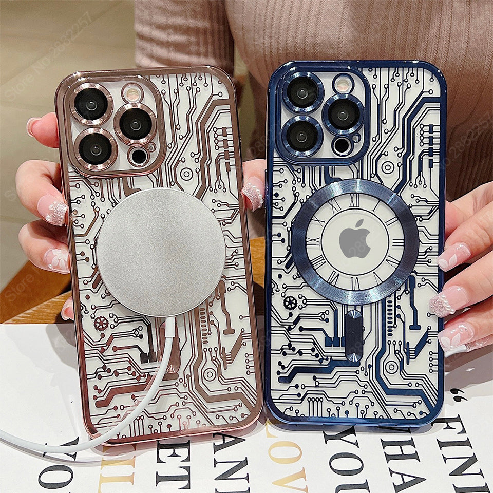 Premium Mechanical Watch Texture Design Magnetic MagSafe Transparent iPhone Case | 360-Degree Protection & Camera Lens Protection Case for Apple iPhone 16/15/14/13/12 Pro Max, Pro, Plus, e & Mini Cover | Shockproof Phone Case with Armor Shell Bumper Cover