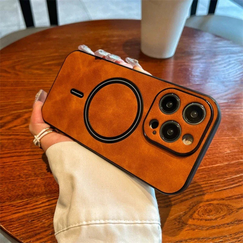 Hochwertige Leder MagSafe Case: Magnetische iPhone-Hülle | Stoßfestes Cover mit Kameraschutzabdeckung – Panzertasche für Apple iPhone 17/17 Air, 16/16e, 15, 14, 13 Pro Max Plus | Luxus Handyhülle