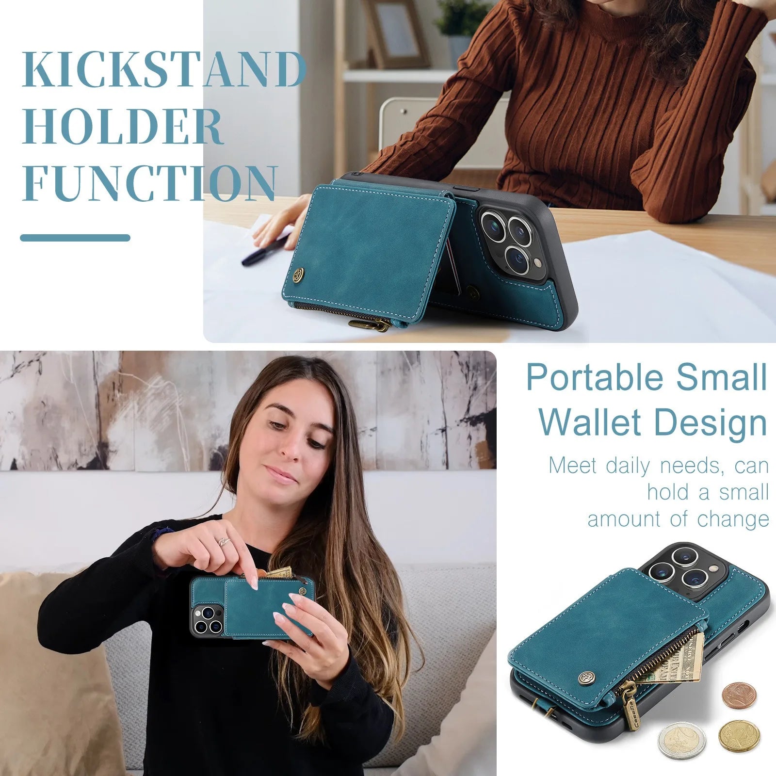 Hochwertige Leder-Brieftasche mit Kartenfach, Portmonee und Ständer iPhone-Hülle | MagSafe Case, Rundumschutz, Kameralinsenschutzabdeckung für Apple iPhone 17/17 Air, 16/16e, 15, 14, 13 Pro Max Plus Cover | Wallet & Geldbörse Schutzhülle