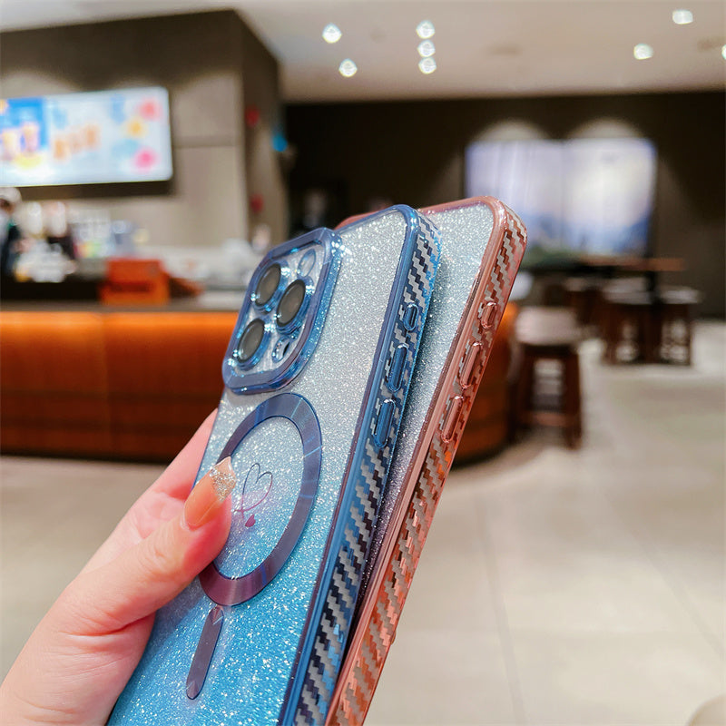 Luxus Crossbody Lanyard Gradient Glitzer Magnetgehäuse iPhone Hülle | MagSafe Case mit Kameralinsenschutzabdeckung für Apple iPhone 17/17 Air/16/16e/15/14/13 Pro Max Plus Cover | Panzertasche, Weiche TPU Plating Handyhülle | Premium Schutzhülle
