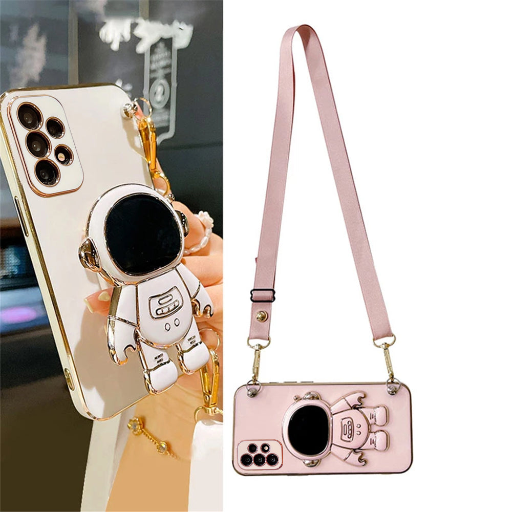 Luxus Crossbody-Lanyard Astronauten-Telefonhalterung und Ständer iPhone Hülle | MagSafe Case mit Rundumschutz und Kameralinsenschutzabdeckung für Apple iPhone 17/17 Air, 16/16e, 15, 14, 13 Pro Max Plus Cover | Panzertasche Handyhülle | Premium Schutzhülle