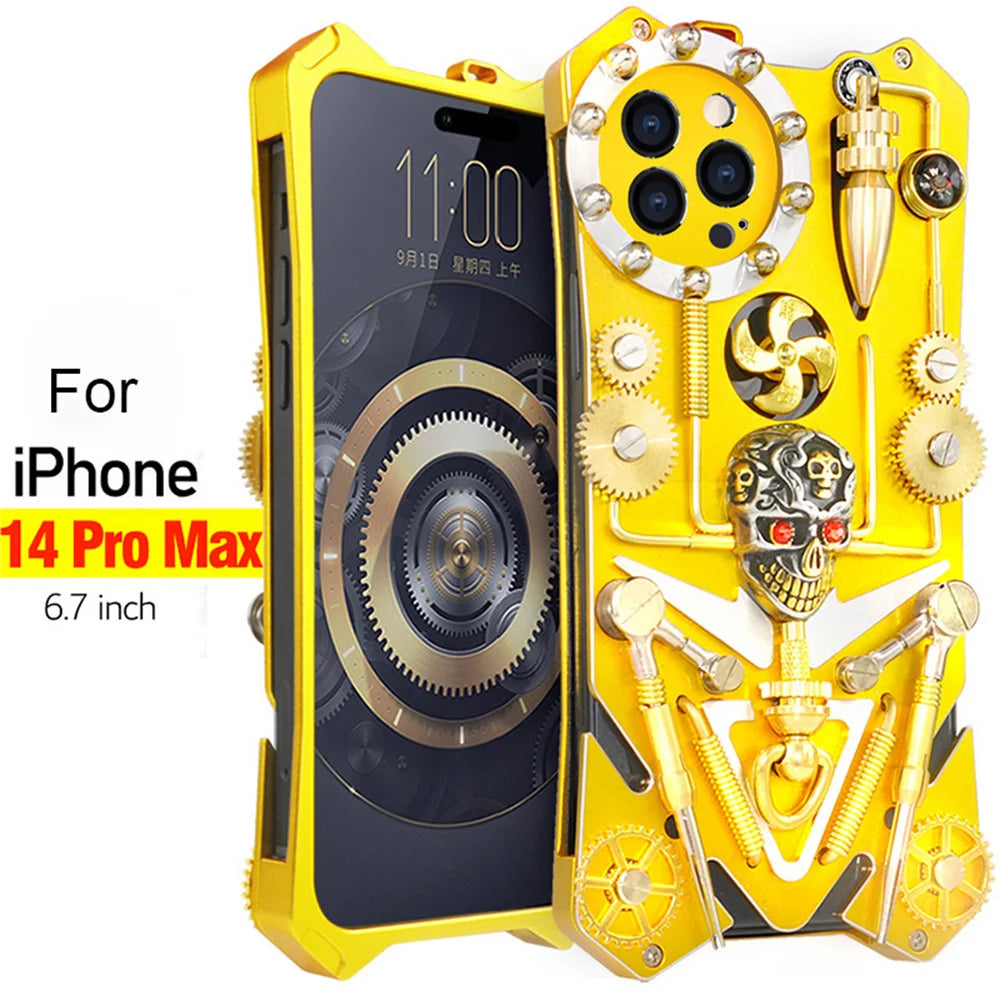 Premium Mechanical Gaming Design: Shockproof Metal iPhone Case with Gear Stand and MagSafe | Aluminum Cooling, Skull Compass Cover for Apple iPhone 16/15/14/13/12 Pro Max, Pro, Plus, e & Mini | 360-Degree All Around Camera Lens Protection