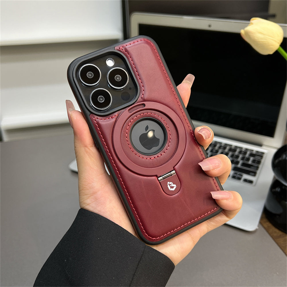 Premium Leather iPhone Case with Magnetic Ring Stand: 360-Degree Rotating Gyro Stand Function & Foldable Holder | MagSafe Case with 360-Degree Camera Lens Protection for Apple iPhone 16/16e, 15, 14, 13, 12 Pro Max, Pro, Plus, Mini Armor Protectiv Cover