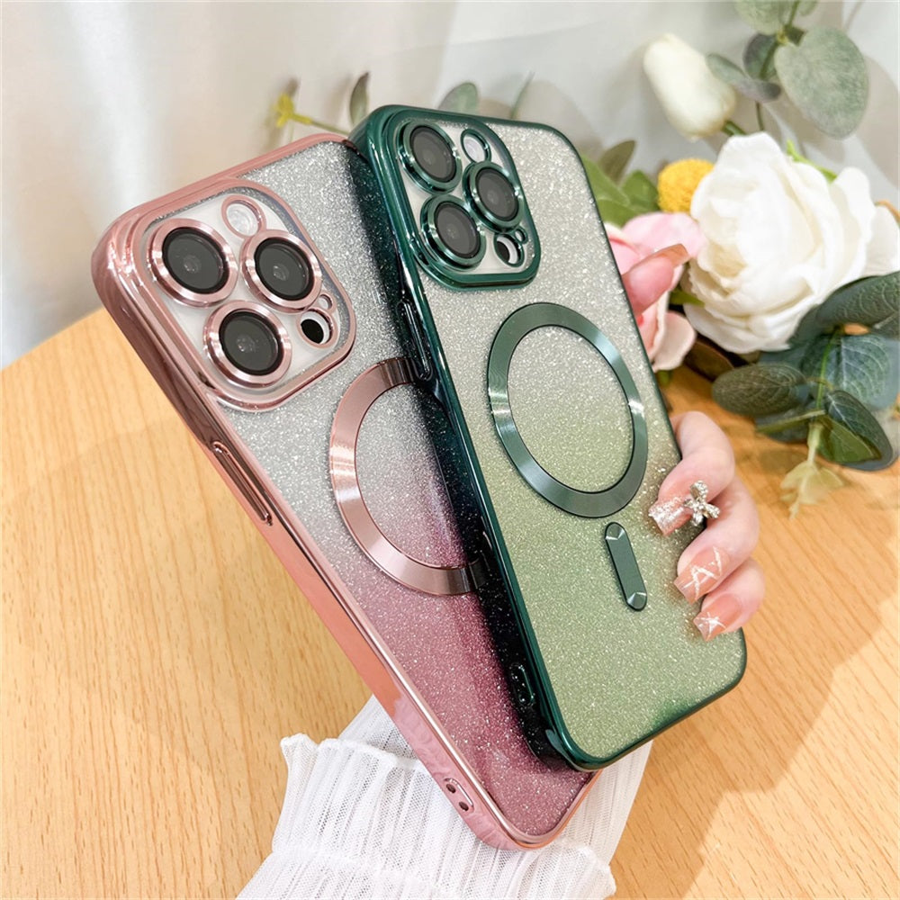 Luxus Crossbody Lanyard Gradient Glitzer Magnetgehäuse iPhone Hülle | MagSafe Case mit Kameralinsenschutzabdeckung für Apple iPhone 17/17 Air/16/16e/15/14/13 Pro Max Plus Cover | Panzertasche, Weiche TPU Plating Handyhülle | Premium Schutzhülle