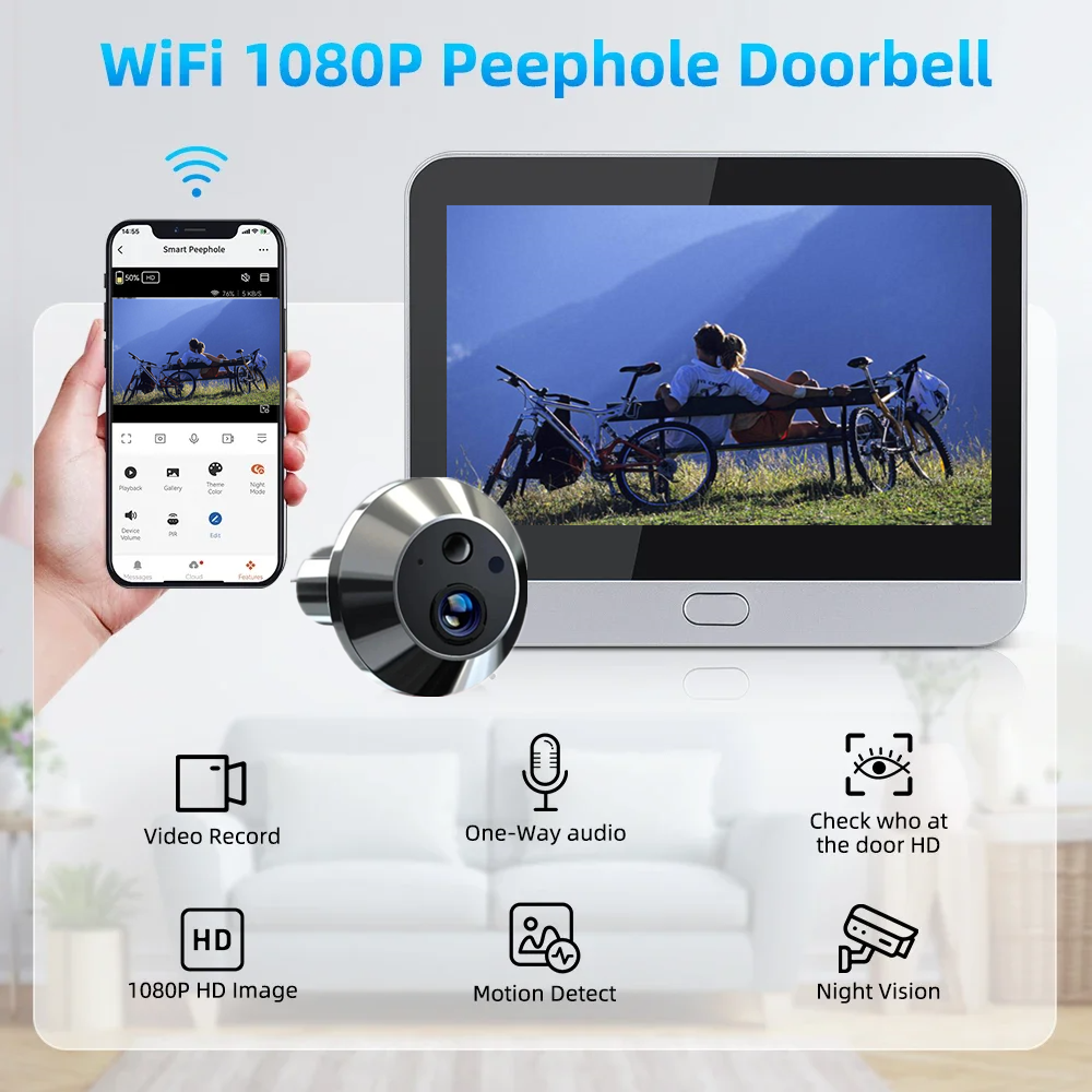 Premium Tuya 1080p 2.4G WiFi Magische Türkamera, Automatische Erfassung, Digitales Türspion, Drahtlose Türklingel für Zuhause