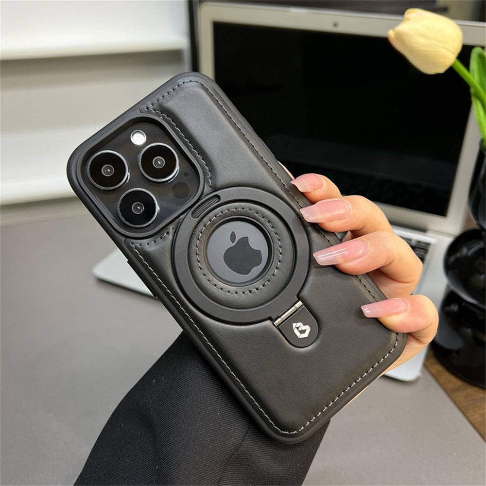 Premium Leather iPhone Case with Magnetic Ring Stand: 360-Degree Rotating Gyro Stand Function & Foldable Holder | MagSafe Case with 360-Degree Camera Lens Protection for Apple iPhone 16/16e, 15, 14, 13, 12 Pro Max, Pro, Plus, Mini Armor Protectiv Cover