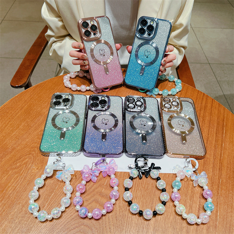 Luxus Crossbody Lanyard Gradient Glitzer Magnetgehäuse iPhone Hülle | MagSafe Case mit Kameralinsenschutzabdeckung für Apple iPhone 17/17 Air/16/16e/15/14/13 Pro Max Plus Cover | Panzertasche, Weiche TPU Plating Handyhülle | Premium Schutzhülle
