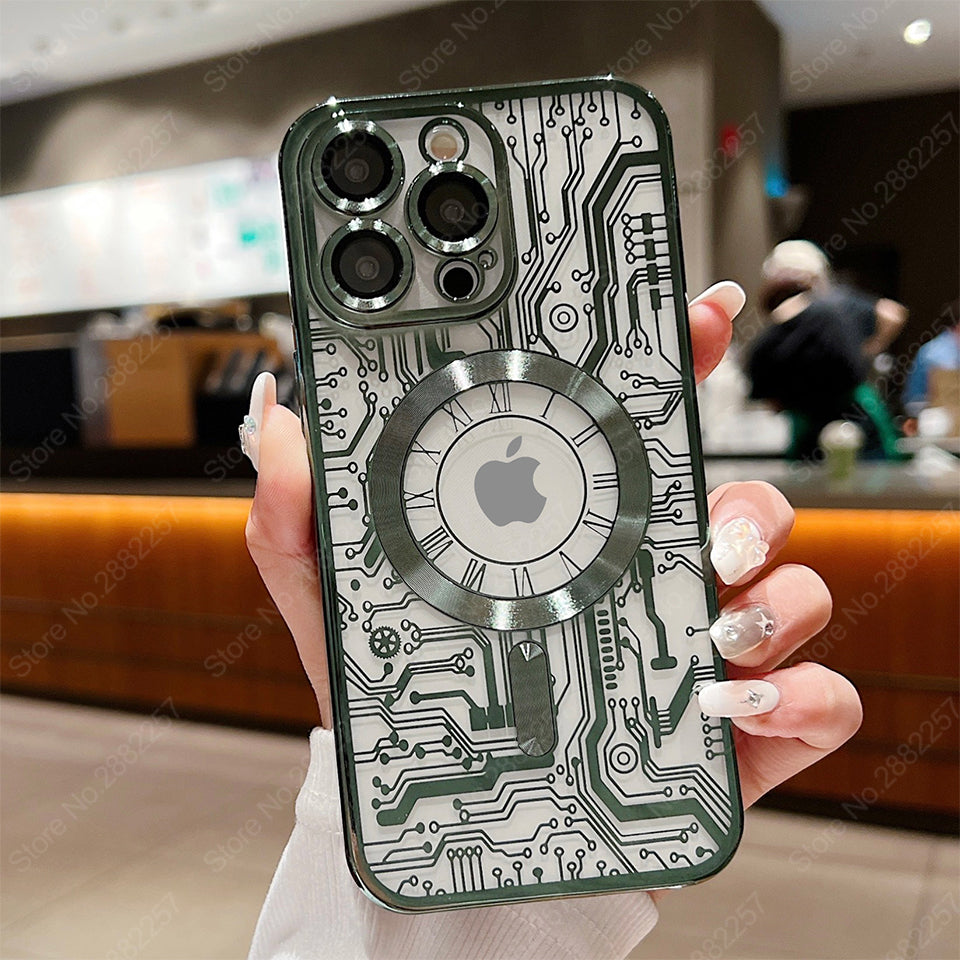 Premium Mechanical Watch Texture Design Magnetic MagSafe Transparent iPhone Case | 360-Degree Protection & Camera Lens Protection Case for Apple iPhone 16/15/14/13/12 Pro Max, Pro, Plus, e & Mini Cover | Shockproof Phone Case with Armor Shell Bumper Cover