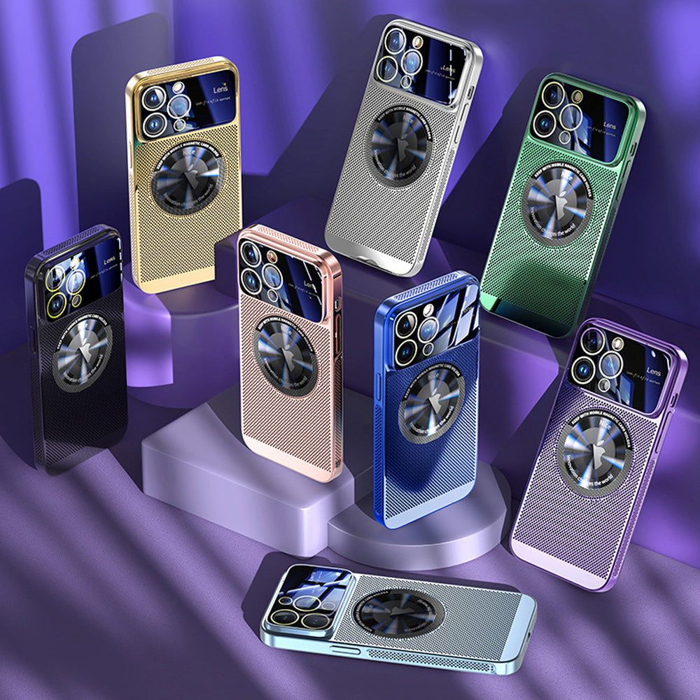 Luxus wärmeableitendes Magnetgehäuse iPhone-Hülle | MagSafe Case, galvanisiertem Metallrahmen, vergrößernder Glaslinse, Kameraschutzabdeckung für Apple iPhone 17/17 Air, 16/16e, 15, 14, 13 Pro Max Plus Cover | Panzertasche, hochwertige Handyhülle