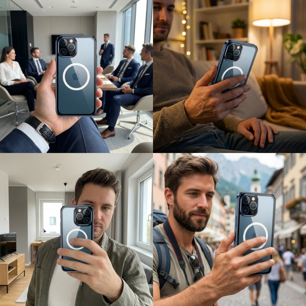 Magnetische iPhone Hülle | Magsafe, 360° Vollschutz, Kameraschutz & Bildschirmschutz Case, Aluminium & Glas, Rundum Stossfest, Transparente Handyschutzhülle & Klare Cover