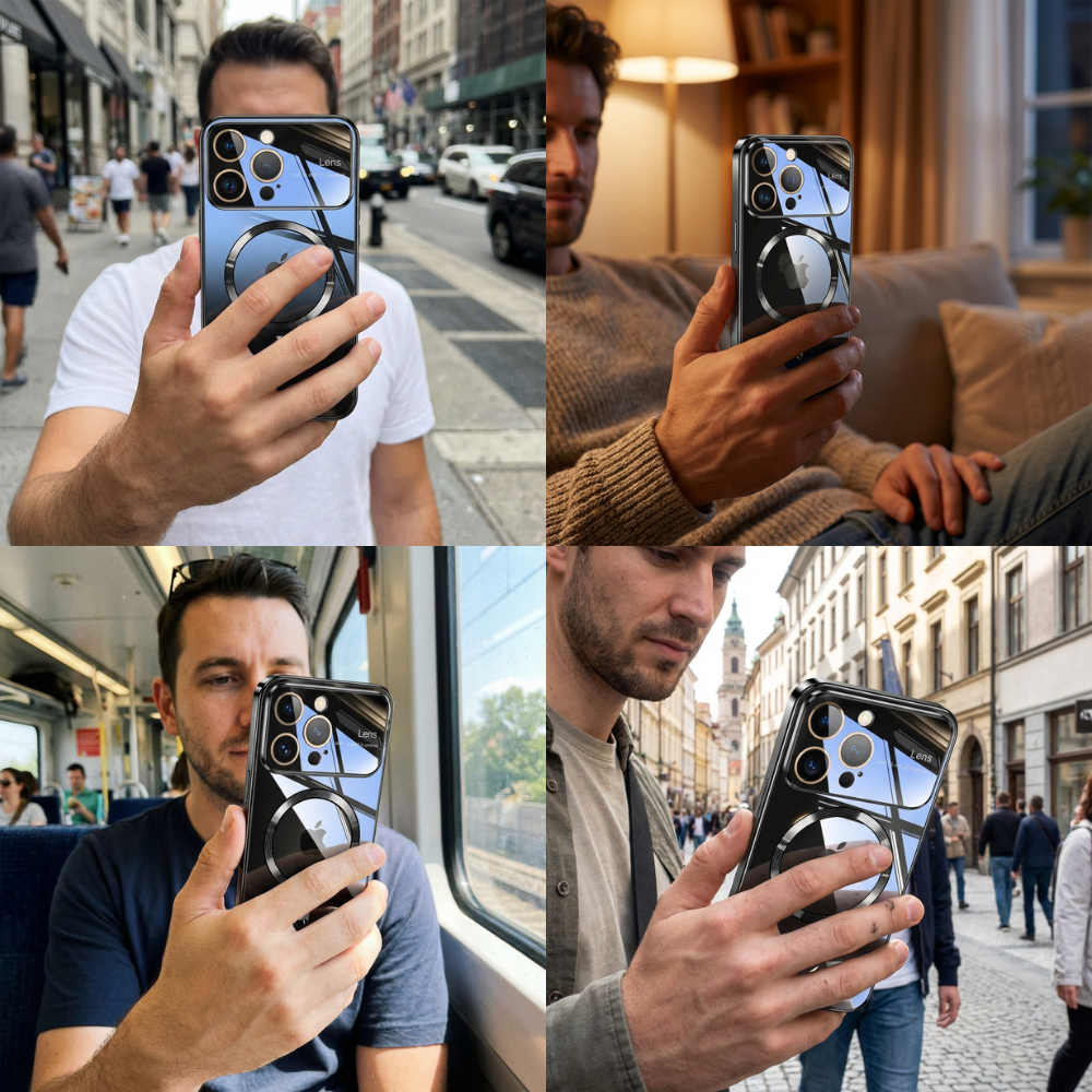 Luxus Ultra-Dünne Apple iPhone Hülle | MagSafe Case mit Kameralinsenschutz | Magnetische, Klare, Transparente, Stoßfeste & Sturzsichere Hart-PC-Glas Cover | Kratzfester Silikon-Bumper, Kabelloses Laden Handyschutzhülle