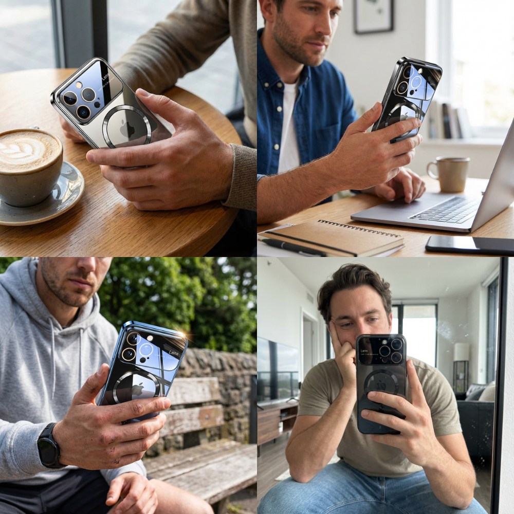 Luxus Ultra-Dünne Apple iPhone Hülle | MagSafe Case mit Kameralinsenschutz | Magnetische, Klare, Transparente, Stoßfeste & Sturzsichere Hart-PC-Glas Cover | Kratzfester Silikon-Bumper, Kabelloses Laden Handyschutzhülle