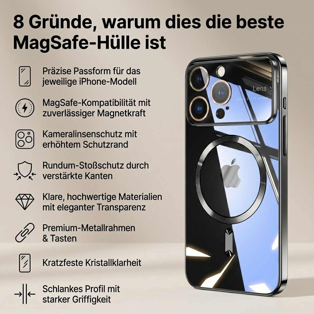 Luxus Ultra-Dünne Apple iPhone Hülle | MagSafe Case mit Kameralinsenschutz | Magnetische, Klare, Transparente, Stoßfeste & Sturzsichere Hart-PC-Glas Cover | Kratzfester Silikon-Bumper, Kabelloses Laden Handyschutzhülle