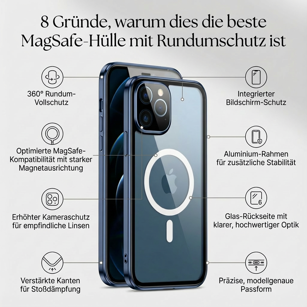 Magnetische iPhone Hülle | Magsafe, 360° Vollschutz, Kameraschutz & Bildschirmschutz Case, Aluminium & Glas, Rundum Stossfest, Transparente Handyschutzhülle & Klare Cover