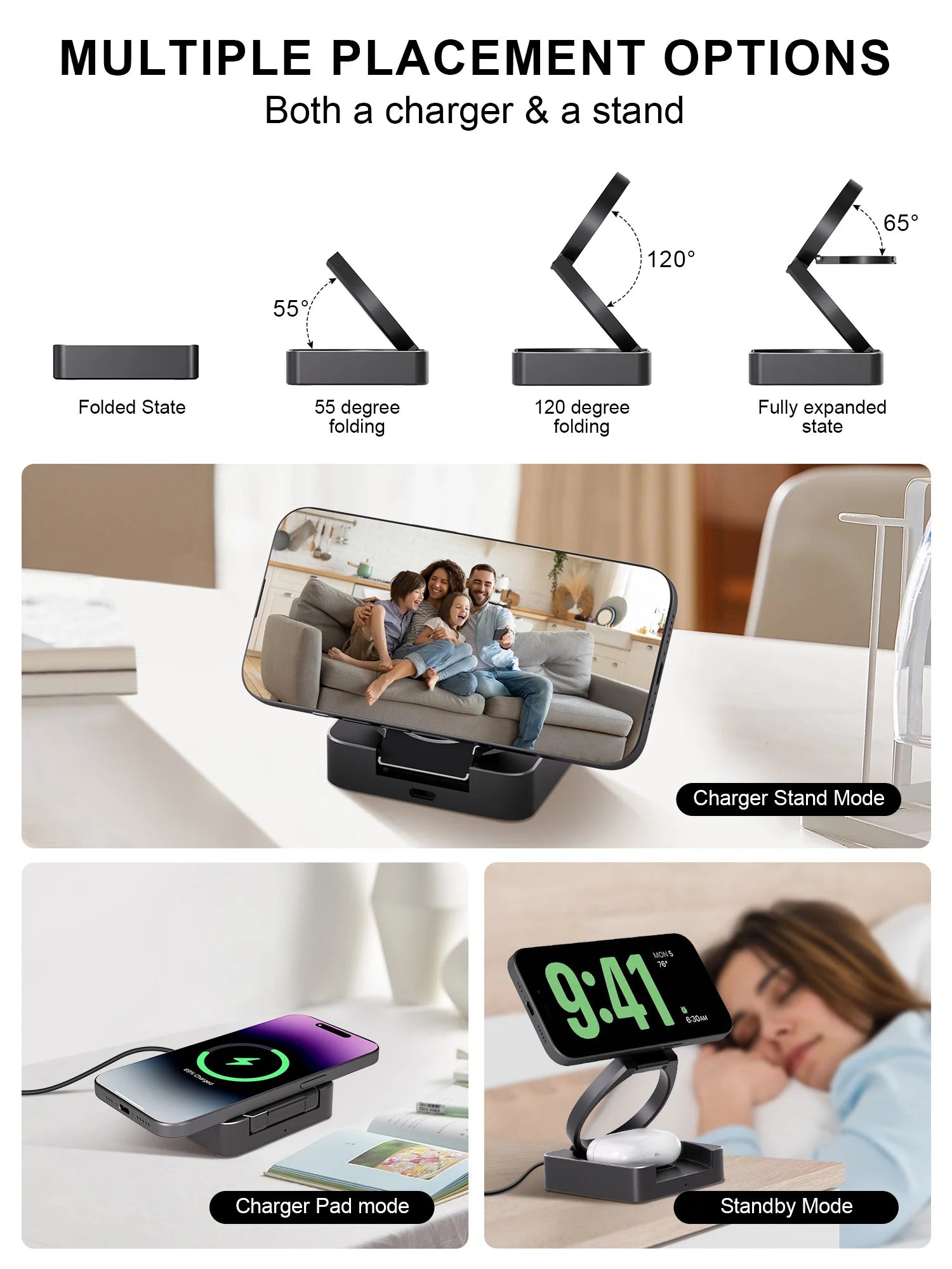 3-in-1 Foldable Fast Charging Station, Double Magnetic 15W Wireless Charger MagSafe | Portable Docking Station for Smartphones, Apple iPhone, Samsung, iOS & Android, AirPods, Watch