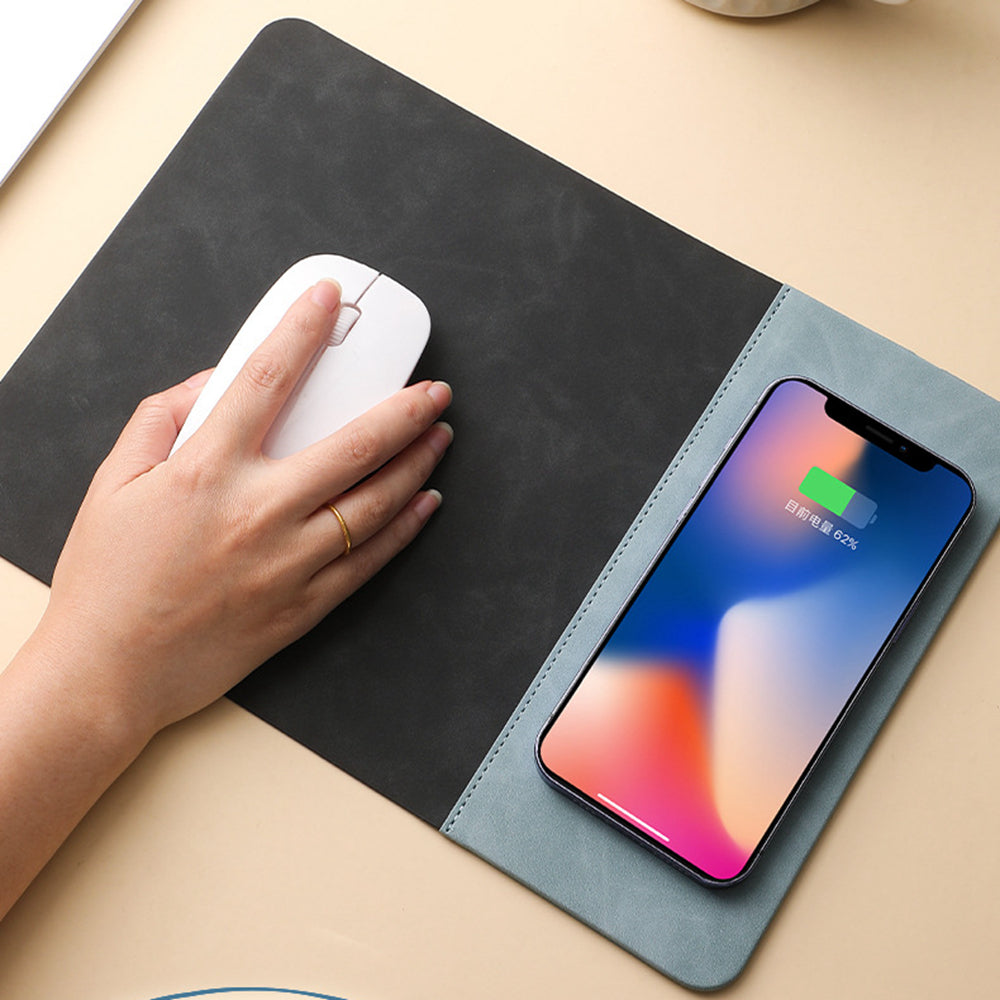 Premium Mouse Pad with High-Quality Qi Wireless Charging Pad for Smartphones, Apple iPhone, Samsung, iOS & Android Xiaomi, Huawei, USB-C, Phone Holder, 2-in-1 PU Leather Mat