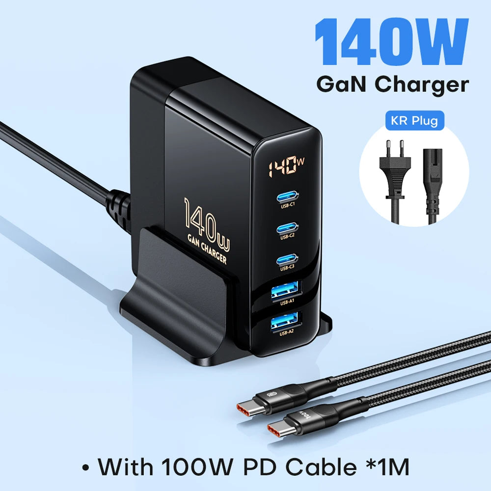 140W GaN Fast Charger: Premium Desktop Charging Station | 5 USB Ports Charging Station Docking Station ASOMETECH | Laptop, MacBook, Smartphones, Apple iPhone, Samsung, iOS & Android