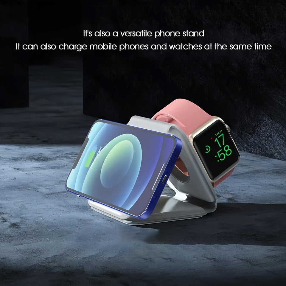 3-in-1 Foldable Fast Charging Station, Double Magnetic 15W Wireless Charger MagSafe | Portable Docking Station for Smartphones, Apple iPhone, Samsung, iOS & Android, AirPods, Watch