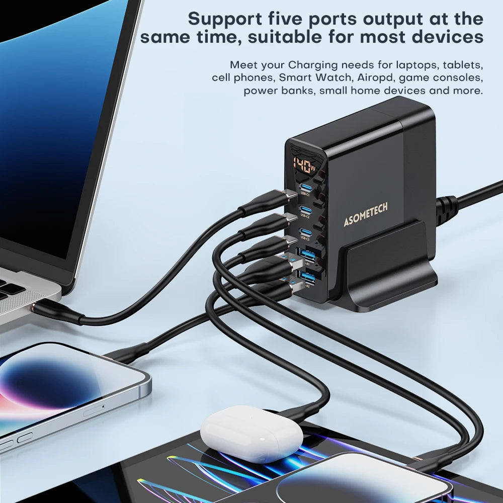 140W GaN Fast Charger: Premium Desktop Charging Station | 5 USB Ports Charging Station Docking Station ASOMETECH | Laptop, MacBook, Smartphones, Apple iPhone, Samsung, iOS & Android