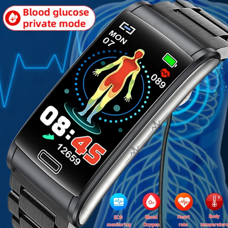 Bracelet intelligent de santé ECG + PPG de glycémie non invasif de haute qualité | Montre intelligente de sport étanche IP68 pour hommes avec surveillance de la glycémie
