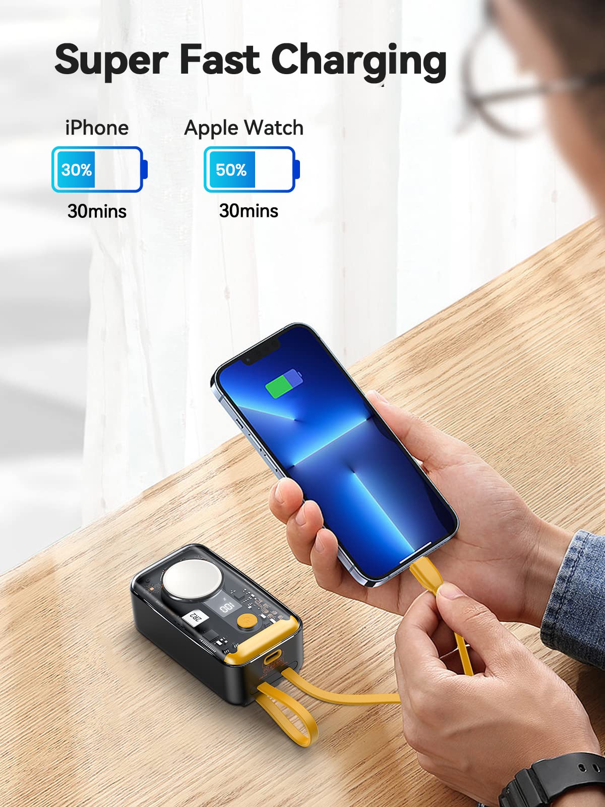 Banque d'alimentation sans fil PD20W de haute qualité pour iWatch S1-S9 et Apple iPhone avec câble intégré, source de batterie portable 10 000 mAh pour appareils iOS, iPhone, Huawei, Xiaomi, Samsung