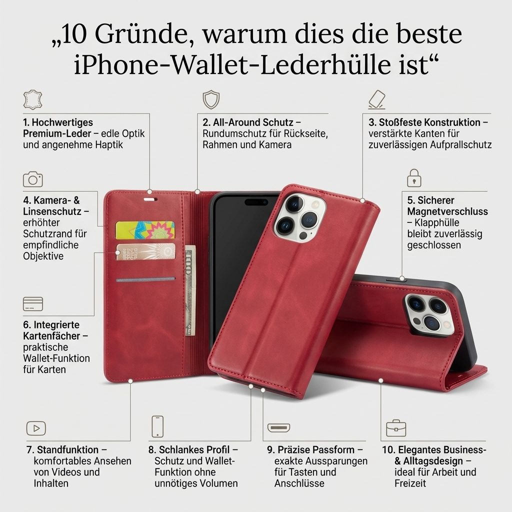 Geldbörse Flip Leder iPhone Hülle mit Portmonee Funktion, Kartensteckplatz, Magnetverschluss, Kartenfach & Standfunktion | Luxus Business Klapp Wallet Case Stoßfestes Cover mit Kameraschutz | Stoßfänger Sturzsichere Handyschutzhülle