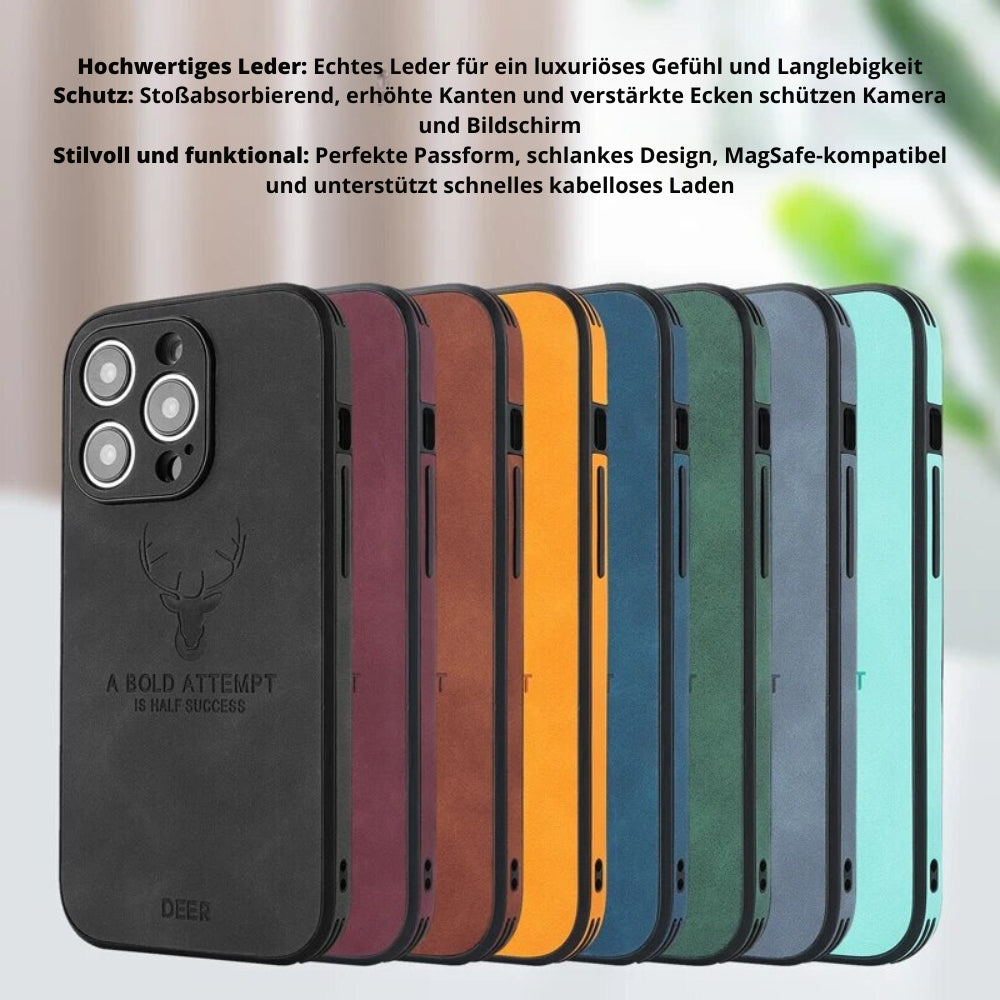 Hochwertige Hirschleder Apple iPhone-Hülle mit Kameralinsenschutz und stoßfestem Silikonüberzug - Phone Heaven Zone