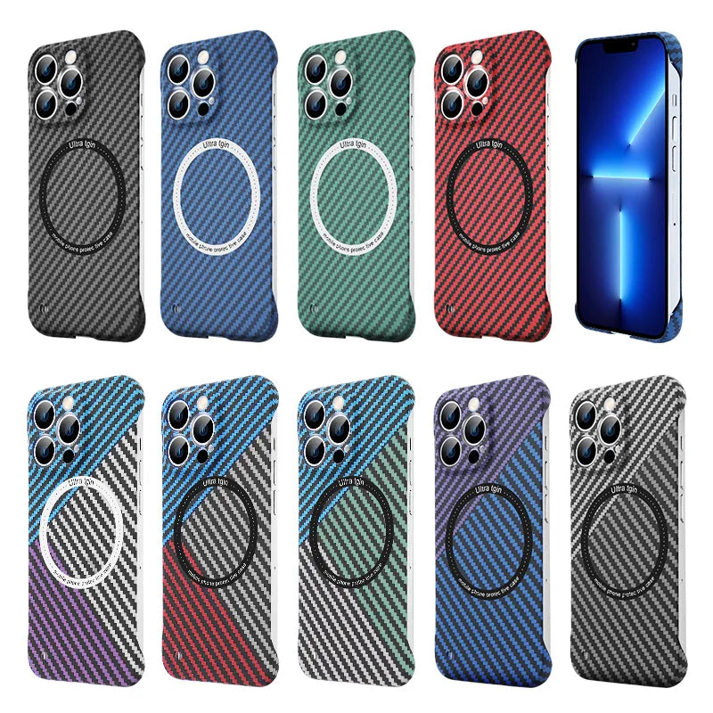 Luxus Ultradünne Kohlefaser iPhone-Hülle | MagSafe-Case mit Rundumschutz & Kameralinsenschutz für Apple iPhone 16/15/14/13/12 Pro Max, Pro, Plus, e & Mini Cover | Stoßfeste Handyhülle mit Panzertasche & Stoßstangenabdeckung