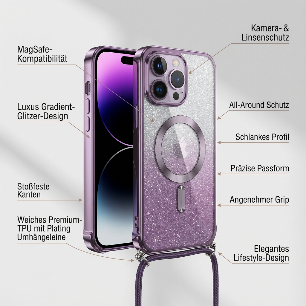 Luxus Crossbody Lanyard Gradient Glitzer Magnetgehäuse iPhone Hülle | MagSafe Case mit Kameralinsenschutzabdeckung für Apple iPhone 17/17 Air/16/16e/15/14/13 Pro Max Plus Cover | Panzertasche, Weiche TPU Plating Handyhülle | Premium Schutzhülle