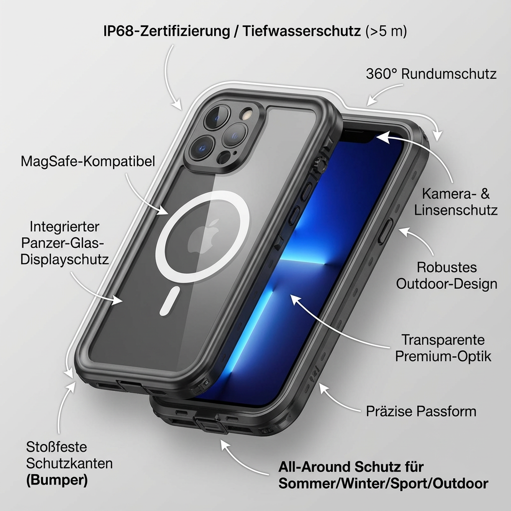 Militärstandard Wasserdichte IP68 iPhone Hülle mit MagSafe: Für Tauchen, Outdoor-Sport & Baustellen | Full Case Armor 360 Grad mit Kamera- und Bildschirmschutz | Stoßfest & Langlebig | Premium Sturzsichere Transparente Panzer-Handyschutzhülle Cover