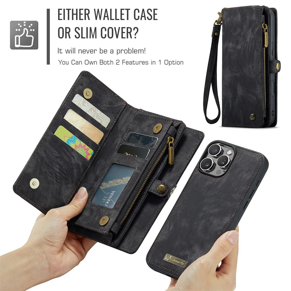 Hochwertiges 2-in-1 Abnehmbare Leder Brieftasche Flip Stand iPhone Hülle | MagSafe Case mit Rundumschutz und Kameralinsenschutzabdeckung für Apple iPhone 16/15/14/13/12 Pro Max Plus Mini Cover | Panzertasche Handyhülle | Wallet & Geldbörse Schutzhülle