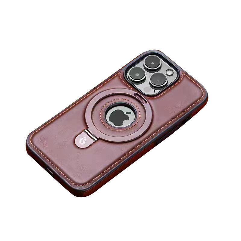 Premium Leder iPhone Hülle mit Magnetring-Ständer: 360 Grad Rotierende Gyro-Standfunktion & Faltbarer Halter | MagSafe Case, Rundumschutz, Kameralinsenschutz für Apple iPhone 16/16e, 15, 14, 13, 12 Pro Max, Pro, Plus, Mini Cover | Panzertasche Schutzhülle