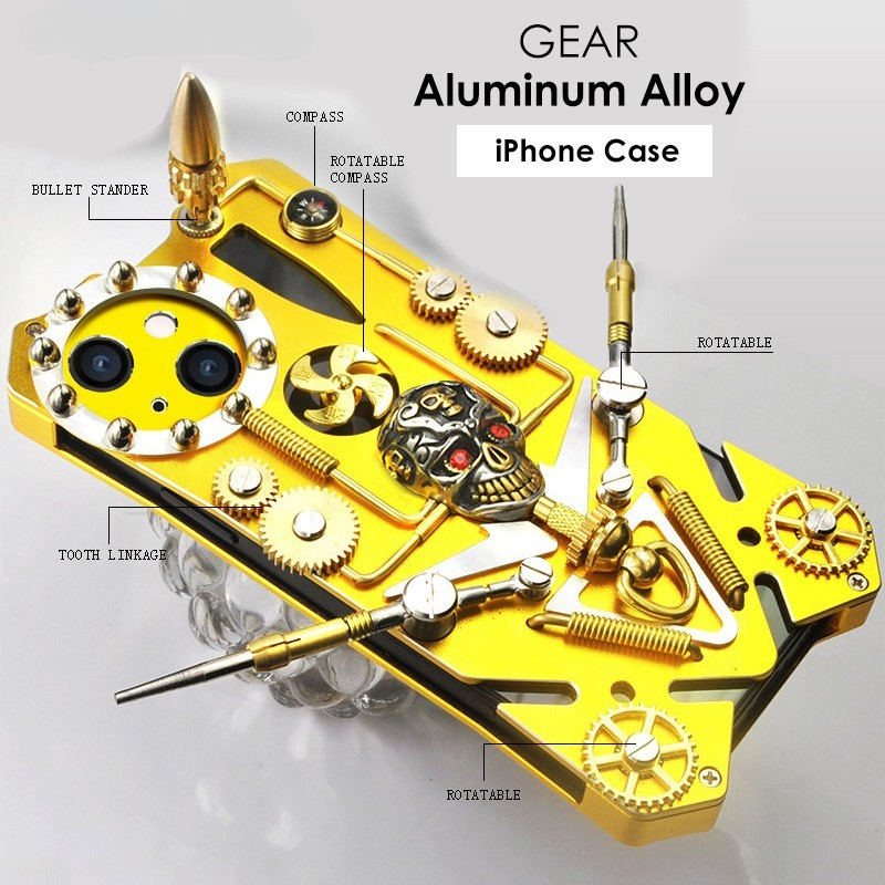 Premium Mechanisches Gaming-Design: Stoßfeste Metall-Handyhülle mit Zahnrad, Ständer und MagSafe | Aluminium-Kühlung, Schädel-Kompass-Abdeckung für Apple iPhone 16/15/14/13/12 Pro Max, Pro, Plus, e & Mini | MagSafe Case, Rundumschutz & Kameralinsenschutz
