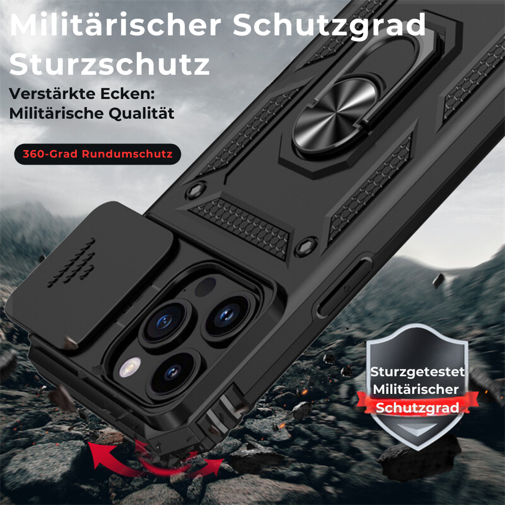 Premium Robustes Militärpanzer Apple iPhone Hülle | Militärqualität, 360° Schutz, Kamera- und Bildschirmschutz, Drehbarer Ständer, Kartenfach & MagSafe, Stoßfeste Abdeckung | Panzerhülle Outdoor & Baustellen | Armor Handyschutzhülle, Sturzsicheres Cover