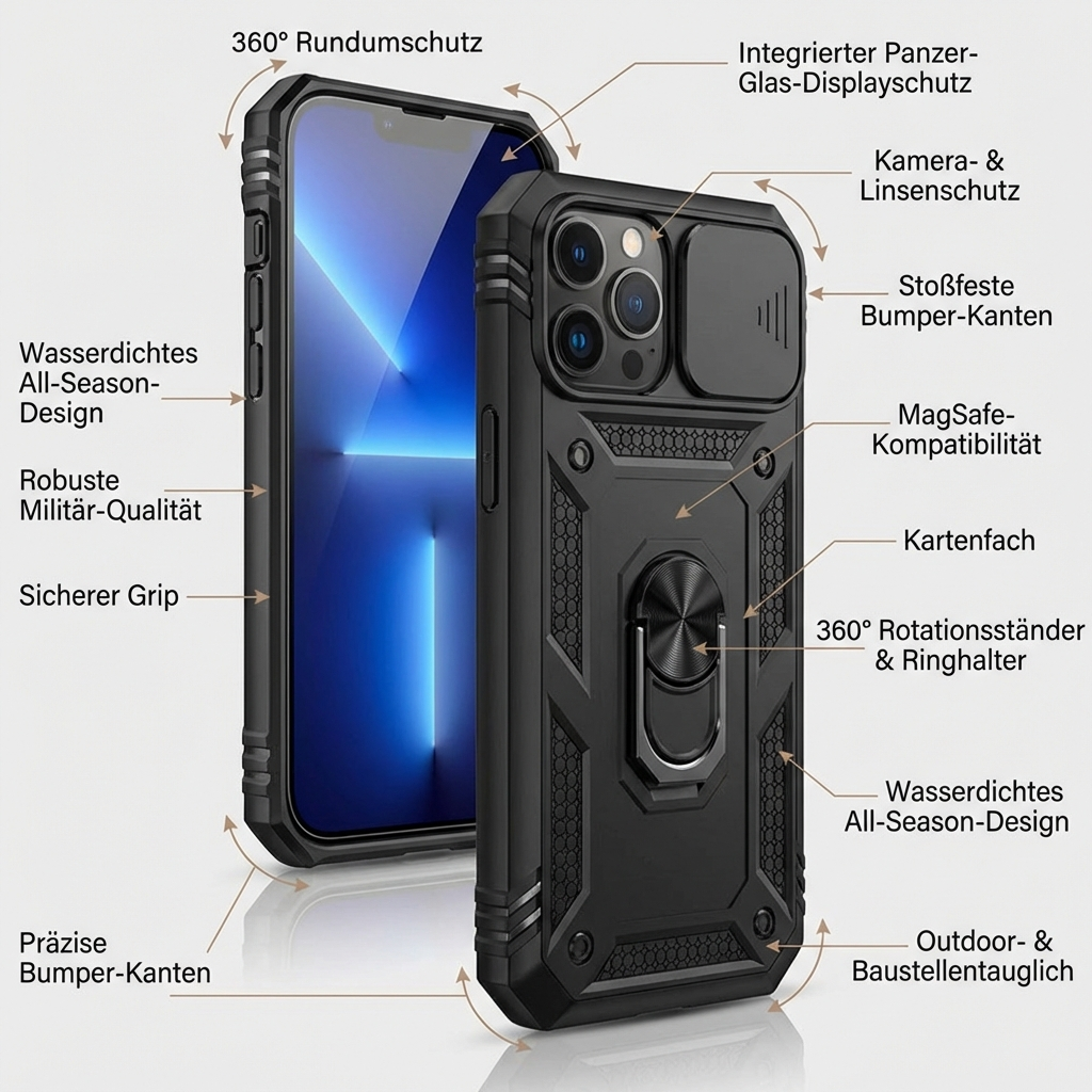 Premium Robustes Militärpanzer Apple iPhone Hülle | Militärqualität, 360° Schutz, Kamera- und Bildschirmschutz, Drehbarer Ständer, Kartenfach & MagSafe, Stoßfeste Abdeckung | Panzerhülle Outdoor & Baustellen | Armor Handyschutzhülle, Sturzsicheres Cover