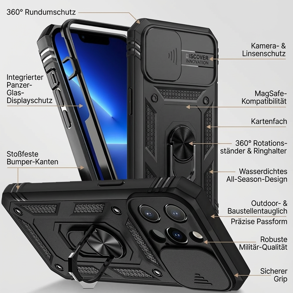 Premium Robustes Militärpanzer Apple iPhone Hülle | Militärqualität, 360° Schutz, Kamera- und Bildschirmschutz, Drehbarer Ständer, Kartenfach & MagSafe, Stoßfeste Abdeckung | Panzerhülle Outdoor & Baustellen | Armor Handyschutzhülle, Sturzsicheres Cover