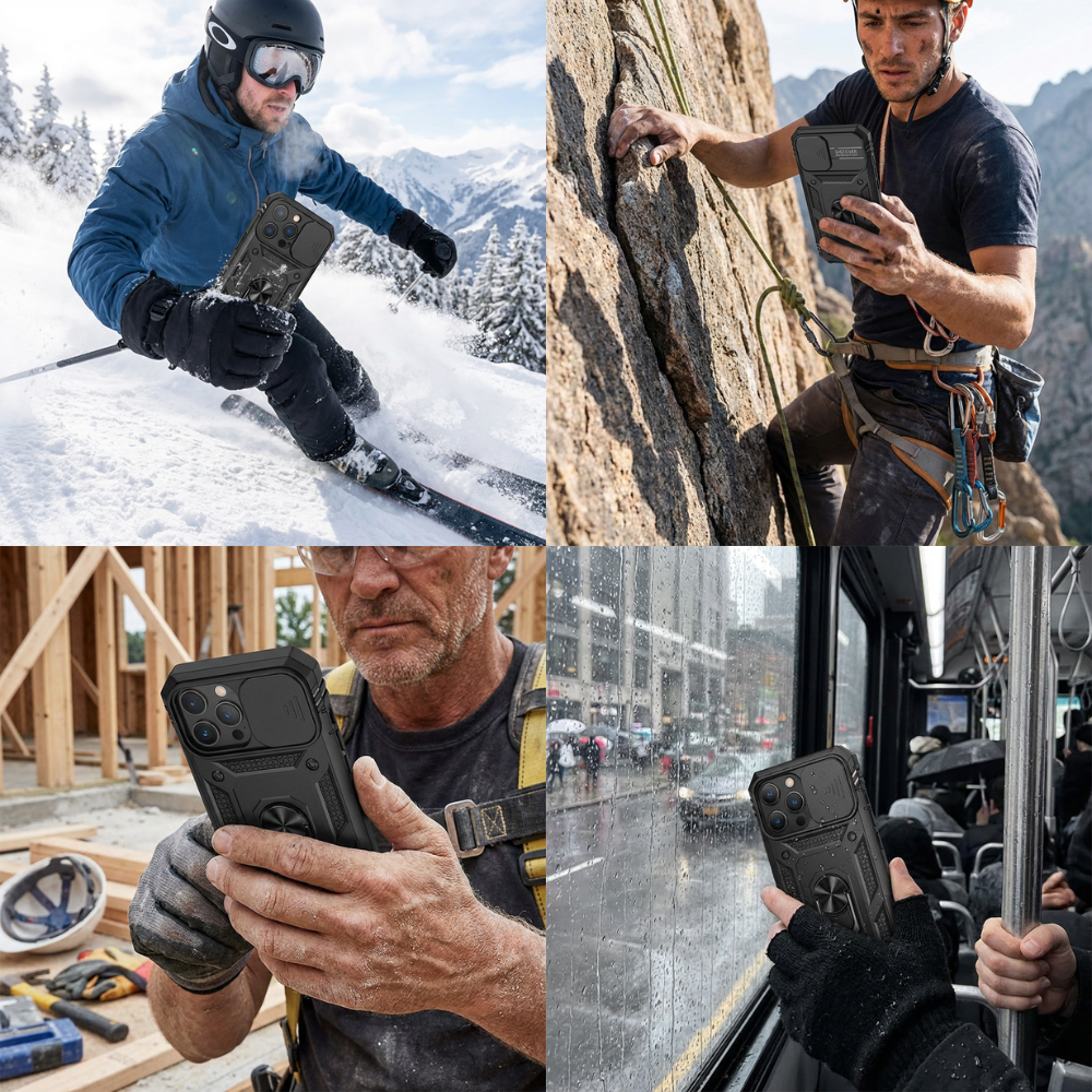 Premium Robustes Militärpanzer Apple iPhone Hülle | Militärqualität, 360° Schutz, Kamera- und Bildschirmschutz, Drehbarer Ständer, Kartenfach & MagSafe, Stoßfeste Abdeckung | Panzerhülle Outdoor & Baustellen | Armor Handyschutzhülle, Sturzsicheres Cover