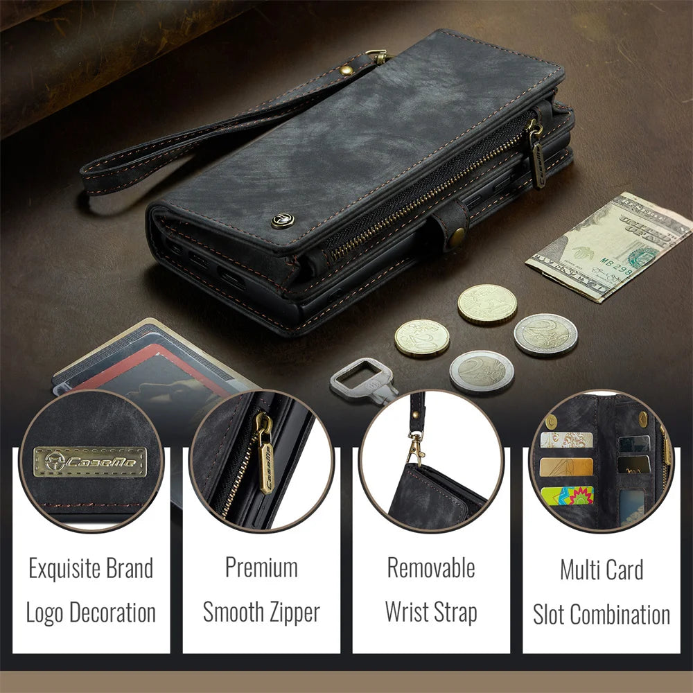 Hochwertiges 2-in-1 Abnehmbare Leder Brieftasche Flip Stand iPhone Hülle | MagSafe Case mit Rundumschutz und Kameralinsenschutzabdeckung für Apple iPhone 16/15/14/13/12 Pro Max Plus Mini Cover | Panzertasche Handyhülle | Wallet & Geldbörse Schutzhülle