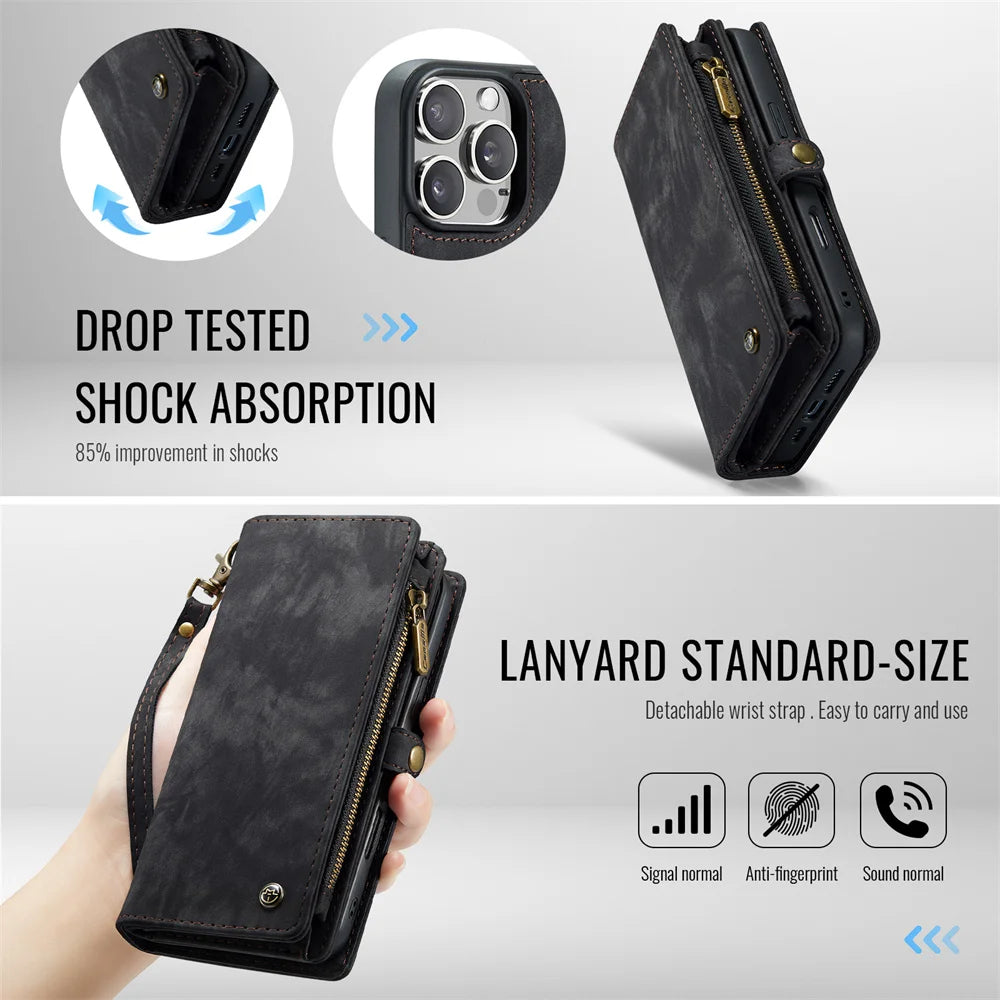 Hochwertiges 2-in-1 Abnehmbare Leder Brieftasche Flip Stand iPhone Hülle | MagSafe Case mit Rundumschutz und Kameralinsenschutzabdeckung für Apple iPhone 16/15/14/13/12 Pro Max Plus Mini Cover | Panzertasche Handyhülle | Wallet & Geldbörse Schutzhülle