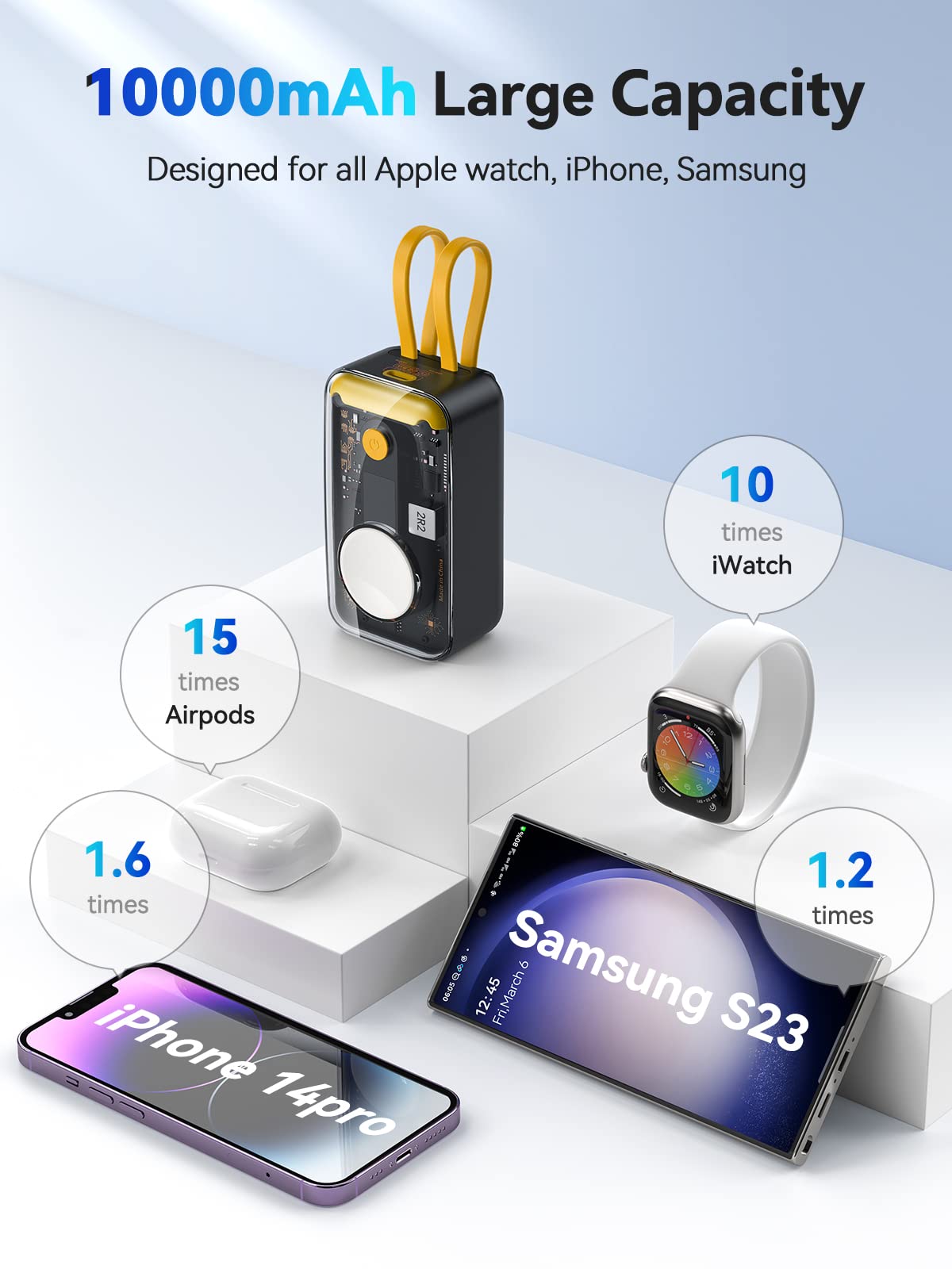 Banque d'alimentation sans fil PD20W de haute qualité pour iWatch S1-S9 et Apple iPhone avec câble intégré, source de batterie portable 10 000 mAh pour appareils iOS, iPhone, Huawei, Xiaomi, Samsung