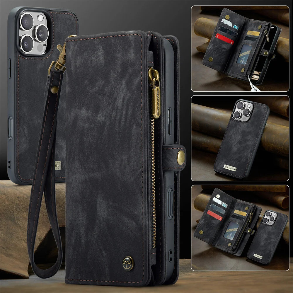 Hochwertiges 2-in-1 Abnehmbare Leder Brieftasche Flip Stand iPhone Hülle | MagSafe Case mit Rundumschutz und Kameralinsenschutzabdeckung für Apple iPhone 16/15/14/13/12 Pro Max Plus Mini Cover | Panzertasche Handyhülle | Wallet & Geldbörse Schutzhülle