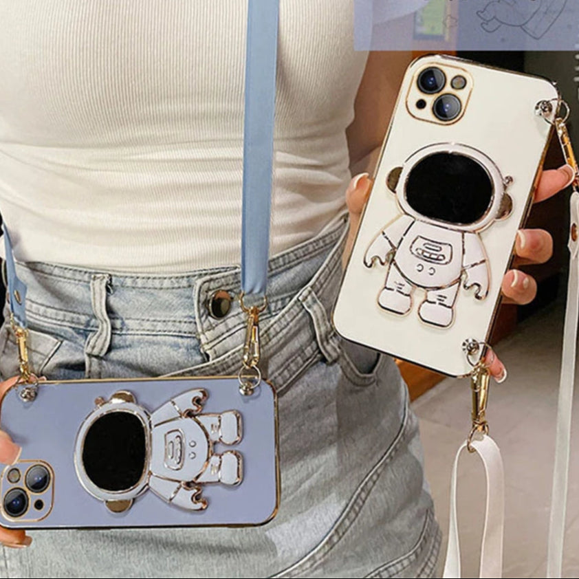 Luxus Crossbody-Lanyard Astronauten-Telefonhalterung und Ständer iPhone Hülle | MagSafe Case mit Rundumschutz und Kameralinsenschutzabdeckung für Apple iPhone 16/15/14/13/12 Pro Max Plus Mini Cover | Panzertasche Handyhülle | Premium Schutzhülle