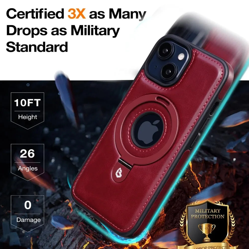 Premium Leder iPhone Hülle mit Magnetring-Ständer: 360 Grad Rotierende Gyro-Standfunktion & Faltbarer Halter | MagSafe Case, Rundumschutz, Kameralinsenschutz für Apple iPhone 16/16e, 15, 14, 13, 12 Pro Max, Pro, Plus, Mini Cover | Panzertasche Schutzhülle