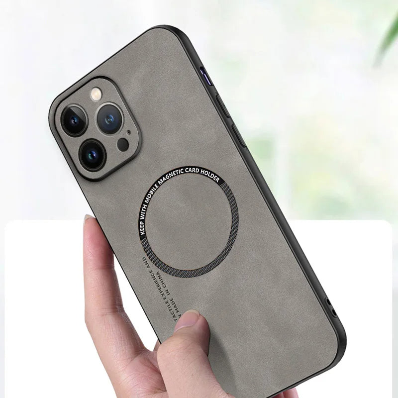 Hochwertige Leder MagSafe Case: Magnetische iPhone-Hülle | Stoßfestes Cover mit Kameraschutzabdeckung – Panzertasche für Apple iPhone 16/15/14/13/12 Pro Max Plus Mini | Luxus Handyhülle
