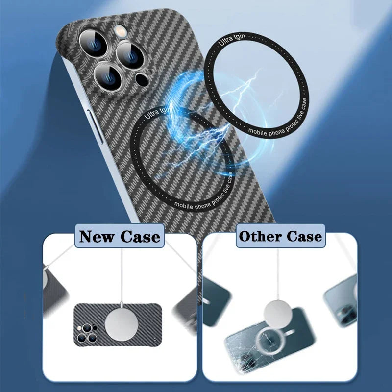 Hochwertige Kohlefaser-Magnetische iPhone-Hülle | MagSafe-Case mit Rundumschutz & Kameralinsenschutz für Apple iPhone 16/16e, 15, 14, 13, 12 Pro Max, Pro, Plus & Mini Cover | Stoßfeste Handyhülle mit Panzertasche & Stoßstangenabdeckung Schutzhülle