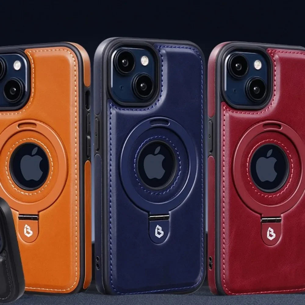 Premium Leder iPhone Hülle mit Magnetring-Ständer: 360 Grad Rotierende Gyro-Standfunktion & Faltbarer Halter | MagSafe Case, Rundumschutz, Kameralinsenschutz für Apple iPhone 16/16e, 15, 14, 13, 12 Pro Max, Pro, Plus, Mini Cover | Panzertasche Schutzhülle