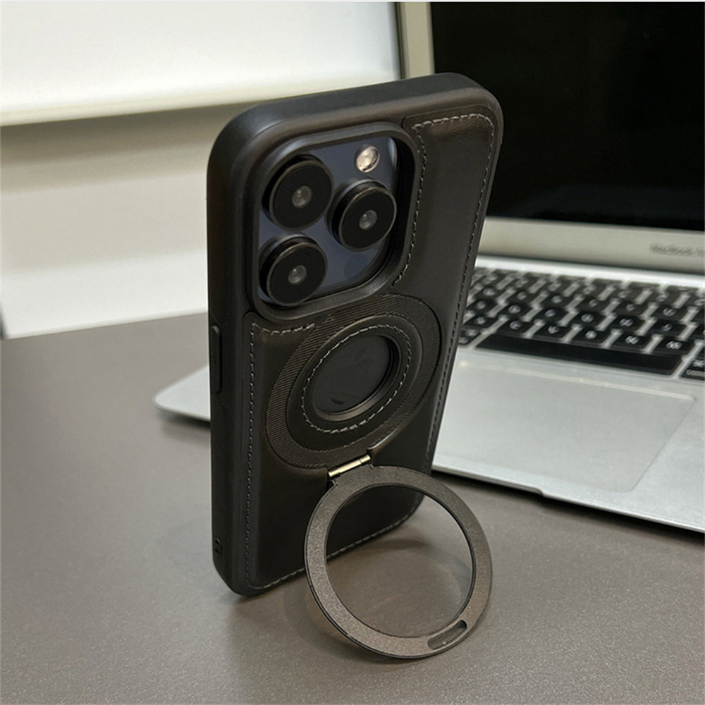 Premium Leder iPhone Hülle mit Magnetring-Ständer: 360 Grad Rotierende Gyro-Standfunktion & Faltbarer Halter | MagSafe Case, Rundumschutz, Kameralinsenschutz für Apple iPhone 16/16e, 15, 14, 13, 12 Pro Max, Pro, Plus, Mini Cover | Panzertasche Schutzhülle