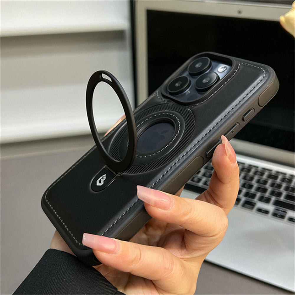 Premium Leder iPhone Hülle mit Magnetring-Ständer: 360 Grad Rotierende Gyro-Standfunktion & Faltbarer Halter | MagSafe Case, Rundumschutz, Kameralinsenschutz für Apple iPhone 16/16e, 15, 14, 13, 12 Pro Max, Pro, Plus, Mini Cover | Panzertasche Schutzhülle
