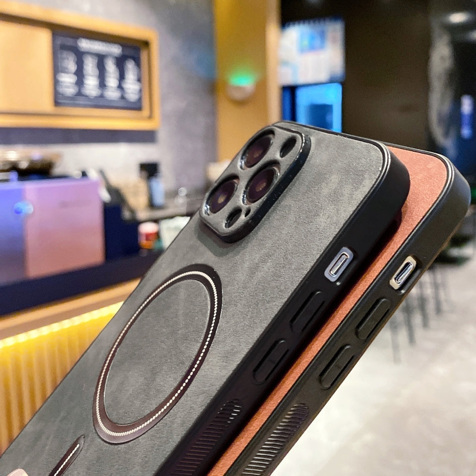 Hochwertige Leder MagSafe Case: Magnetische iPhone-Hülle | Stoßfestes Cover mit Kameraschutzabdeckung – Panzertasche für Apple iPhone 16/15/14/13/12 Pro Max Plus Mini | Luxus Handyhülle